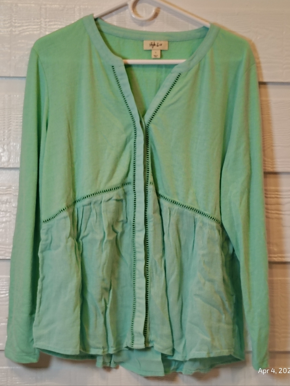 STYLE & CO GREEN LONG SLEEVE‎ PEPLUM BOHO TOP WOMENS LG CROCHET DETAIL FLOWY